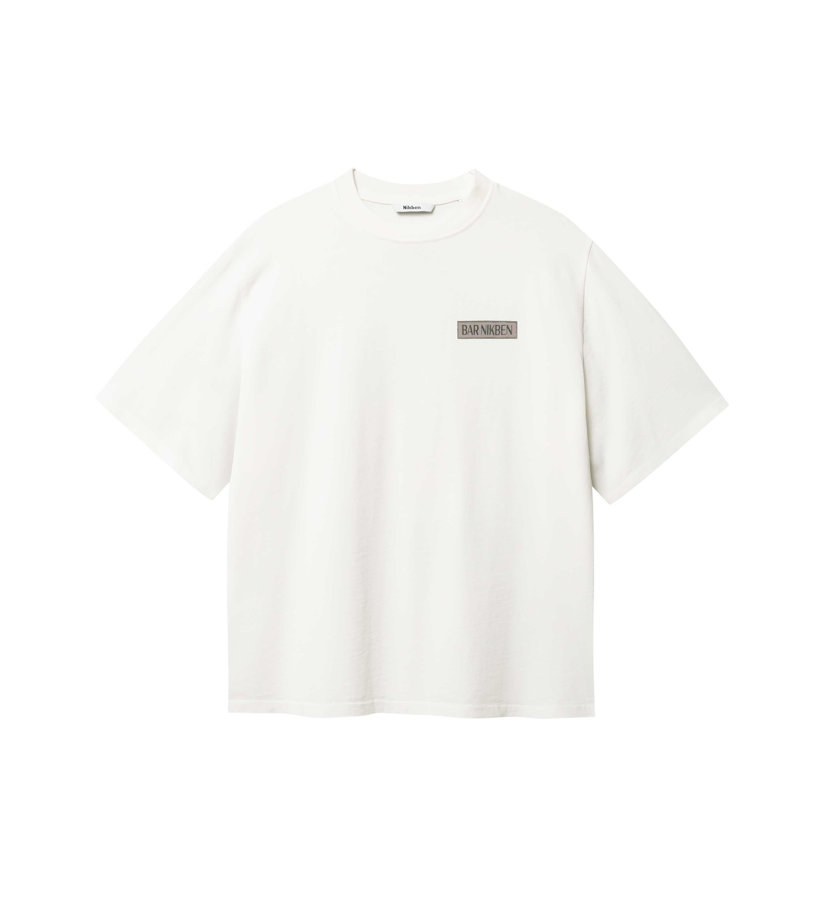 White T-shirt with brown "BAR NIKBEN" logo on the chest