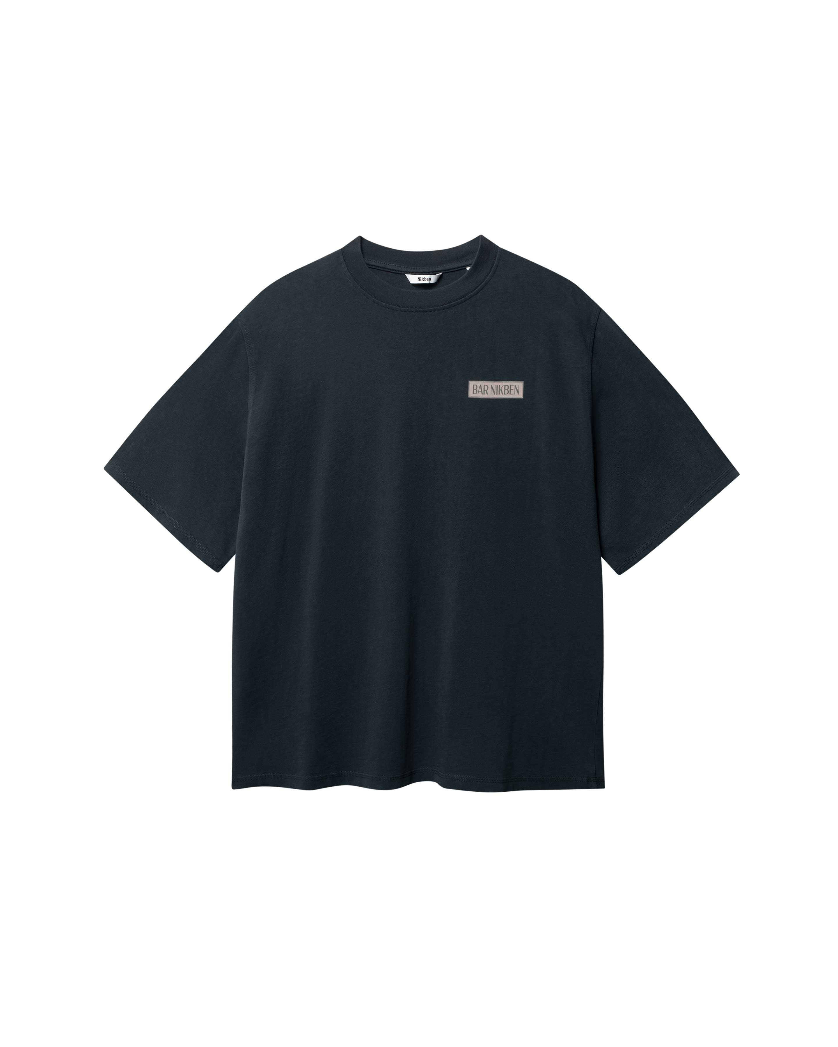 Black T-shirt with brown "BAR NIKBEN" logo on the chest