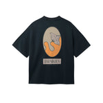 Black T-shirt with green and orange print and "BAR NIKBEN" text on the back