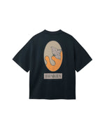 Black T-shirt with green and orange print and 
