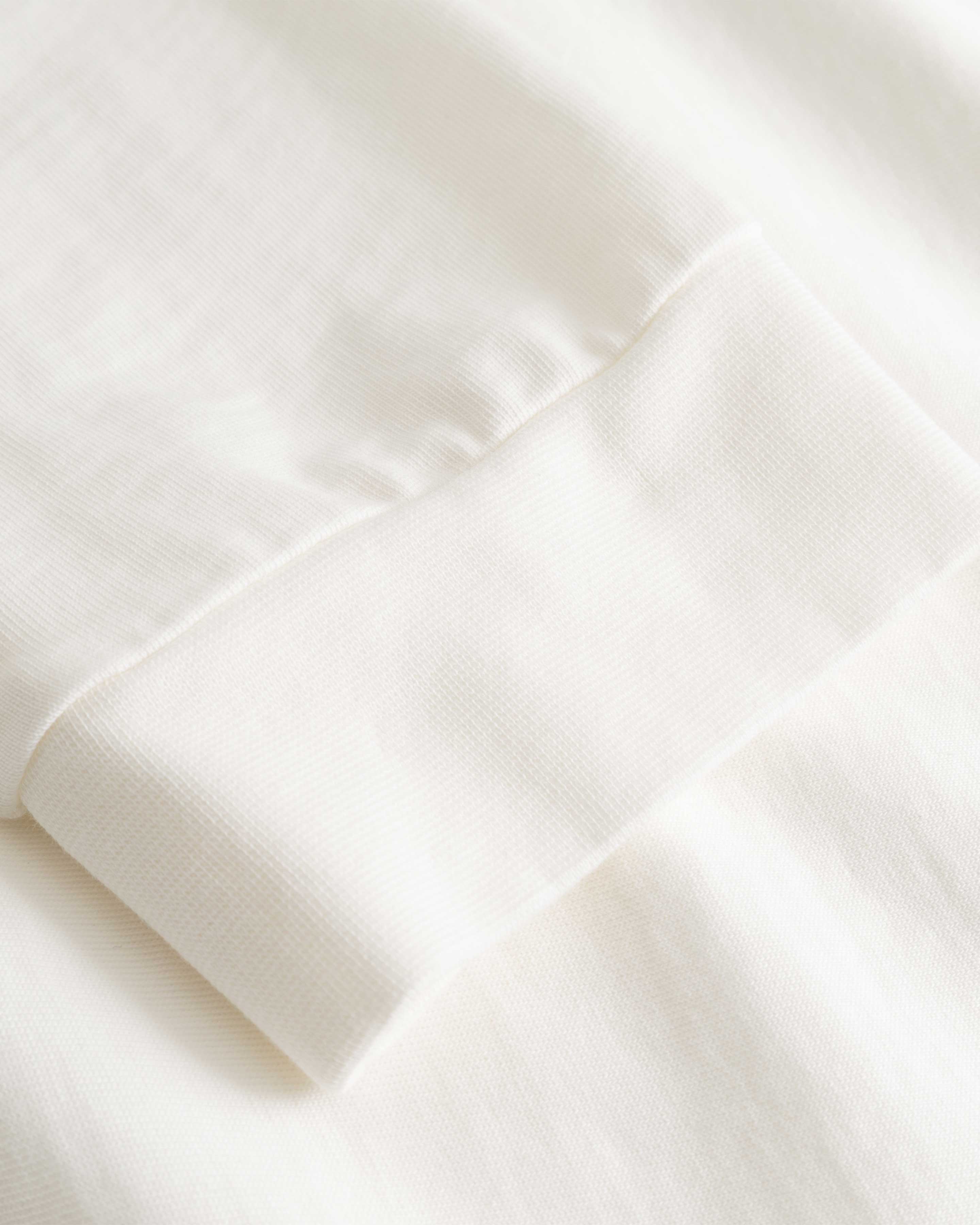 Closeup view of cuffs on white longsleeve T-shirt