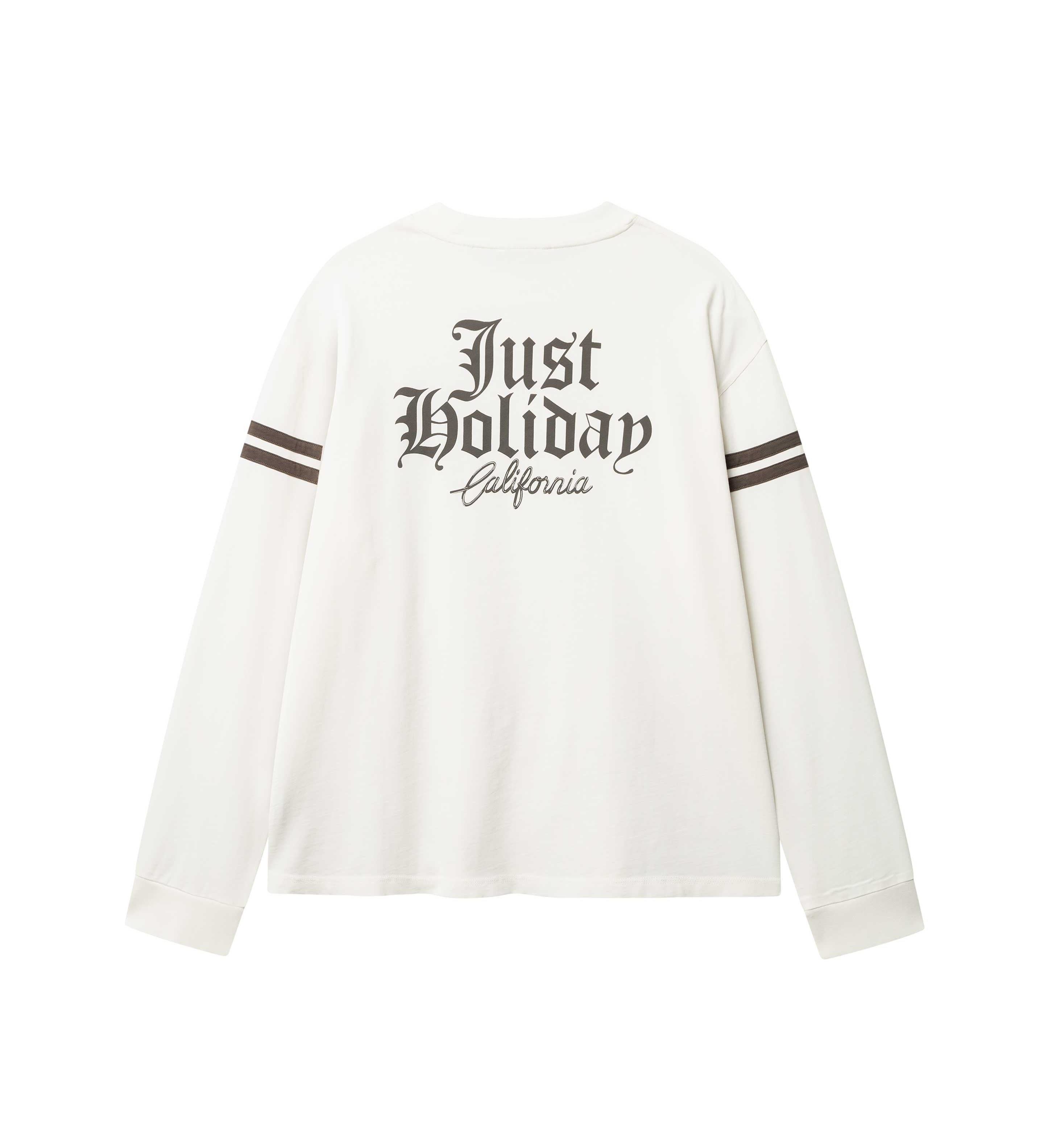 White longsleeve T-shirt with brown "JUST HOLIDAY" print on back and brown stripes on sleeves