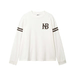 White longsleeve T-shirt with brown NB logo on chest and brown stripes on sleeves