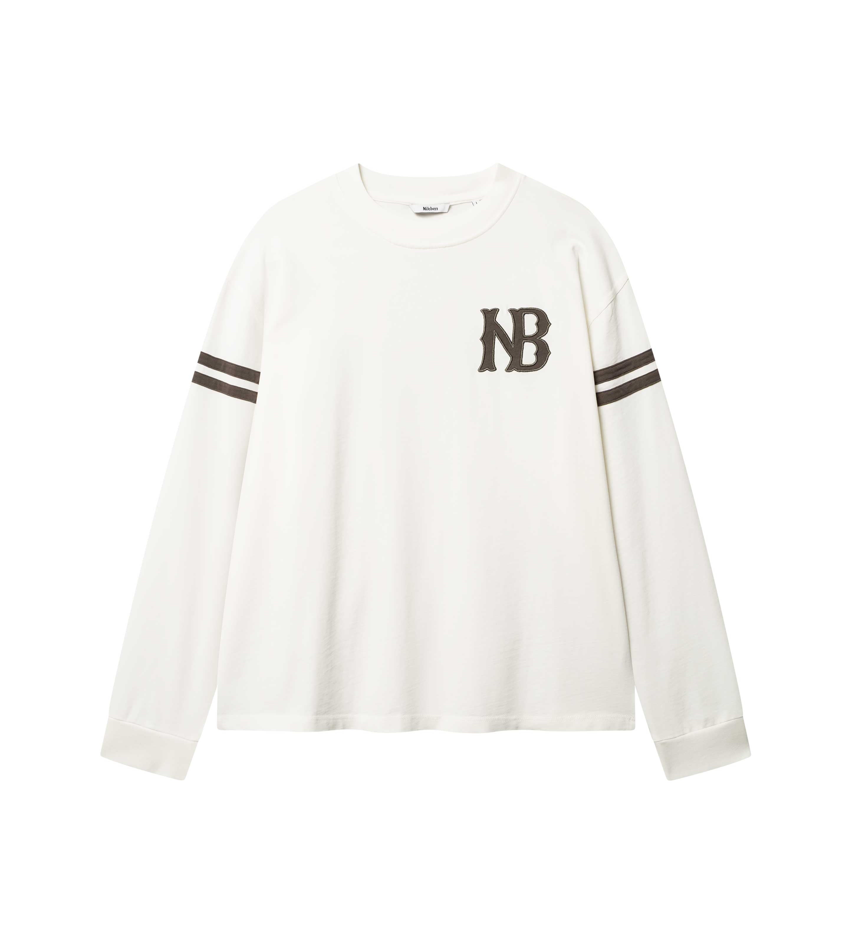 White longsleeve T-shirt with brown NB logo on chest and brown stripes on sleeves