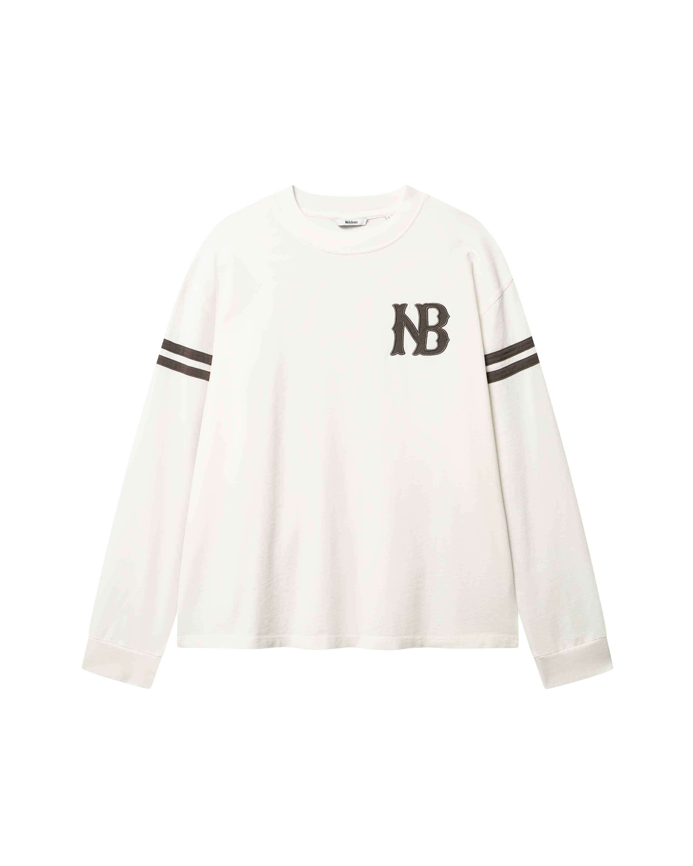White longsleeve T-shirt with brown NB logo on chest and brown stripes on sleeves