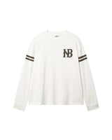 White longsleeve T-shirt with brown NB logo on chest and brown stripes on sleeves