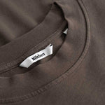 Closeup view of Nikben necklabel on brown longsleeve T-shirt