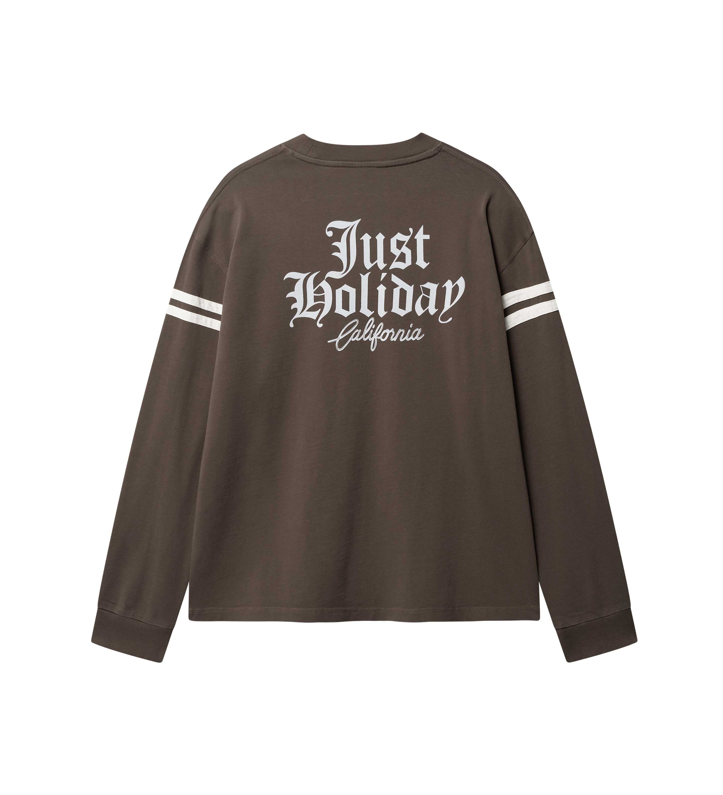 Brown longsleeve T-shirt with white "JUST HOLIDAY" print on back and white stripes on sleeves