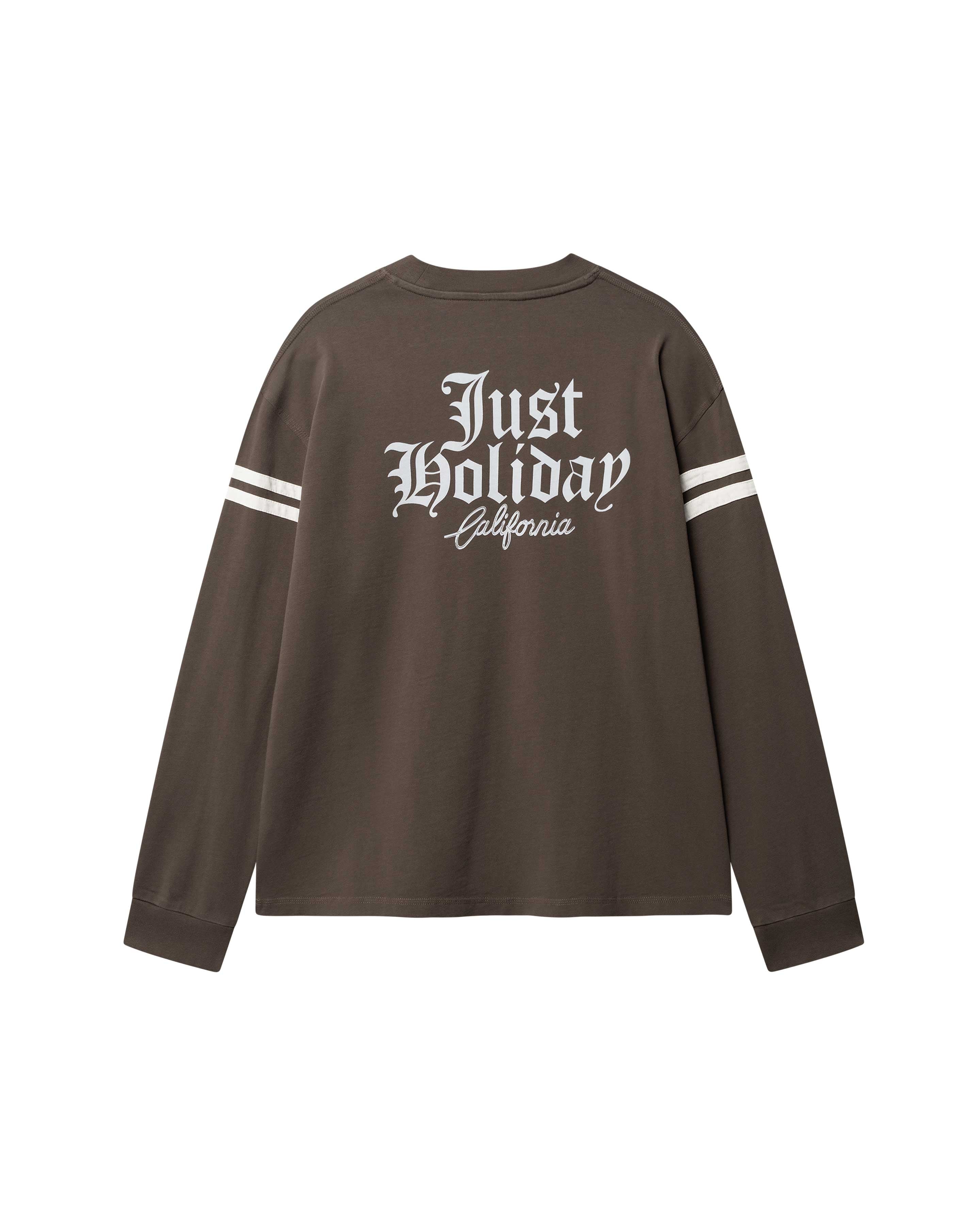 Brown longsleeve T-shirt with white "JUST HOLIDAY" print on back and white stripes on sleeves