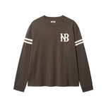 Brown longsleeve T-shirt with white NB logo on chest and white stripes on sleeves