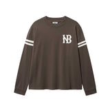 Brown longsleeve T-shirt with white NB logo on chest and white stripes on sleeves
