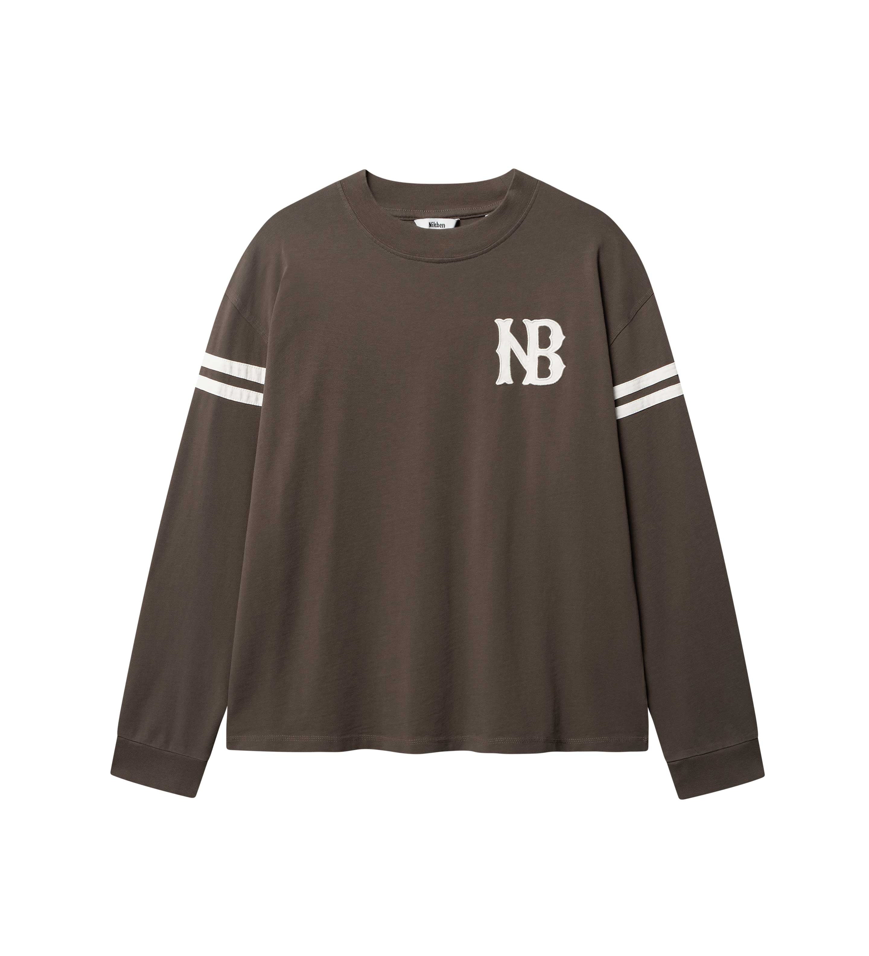 Brown longsleeve T-shirt with white NB logo on chest and white stripes on sleeves