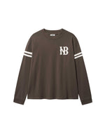 Brown longsleeve T-shirt with white NB logo on chest and white stripes on sleeves