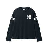 Black longsleeve T-shirt with white NB logo on chest and white stripes on sleeves