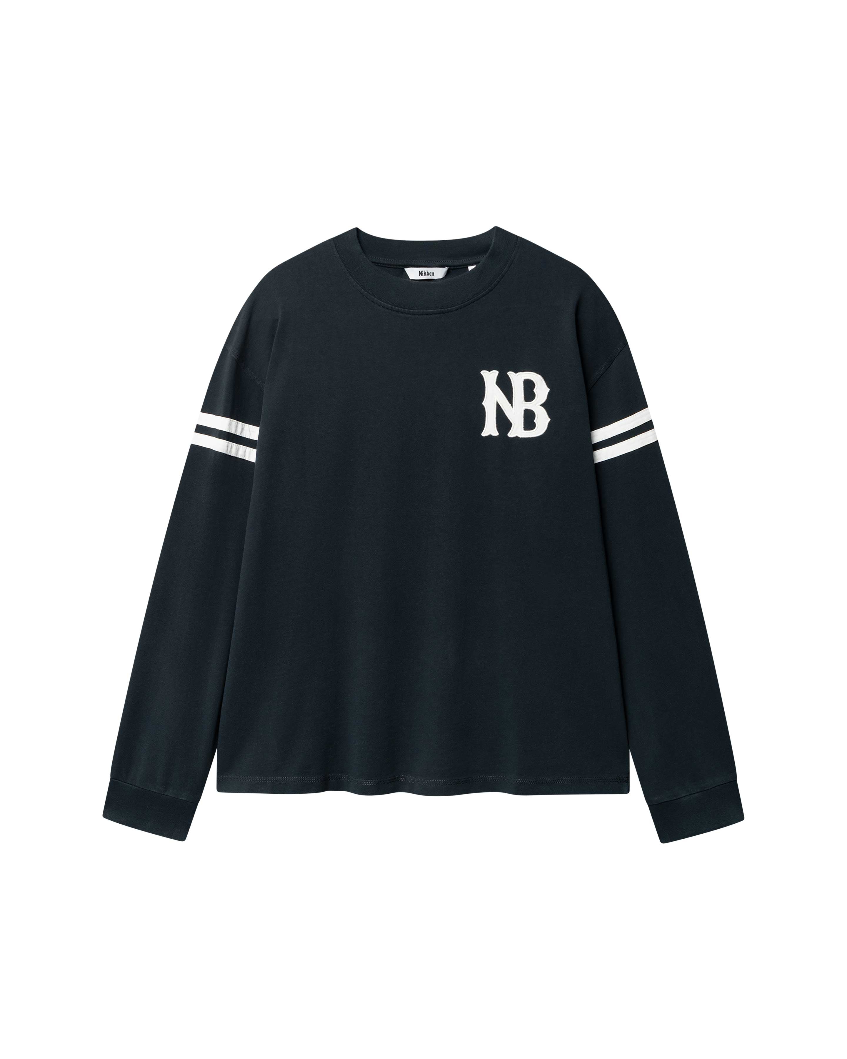 Black longsleeve T-shirt with white NB logo on chest and white stripes on sleeves