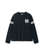 Black longsleeve T-shirt with white NB logo on chest and white stripes on sleeves