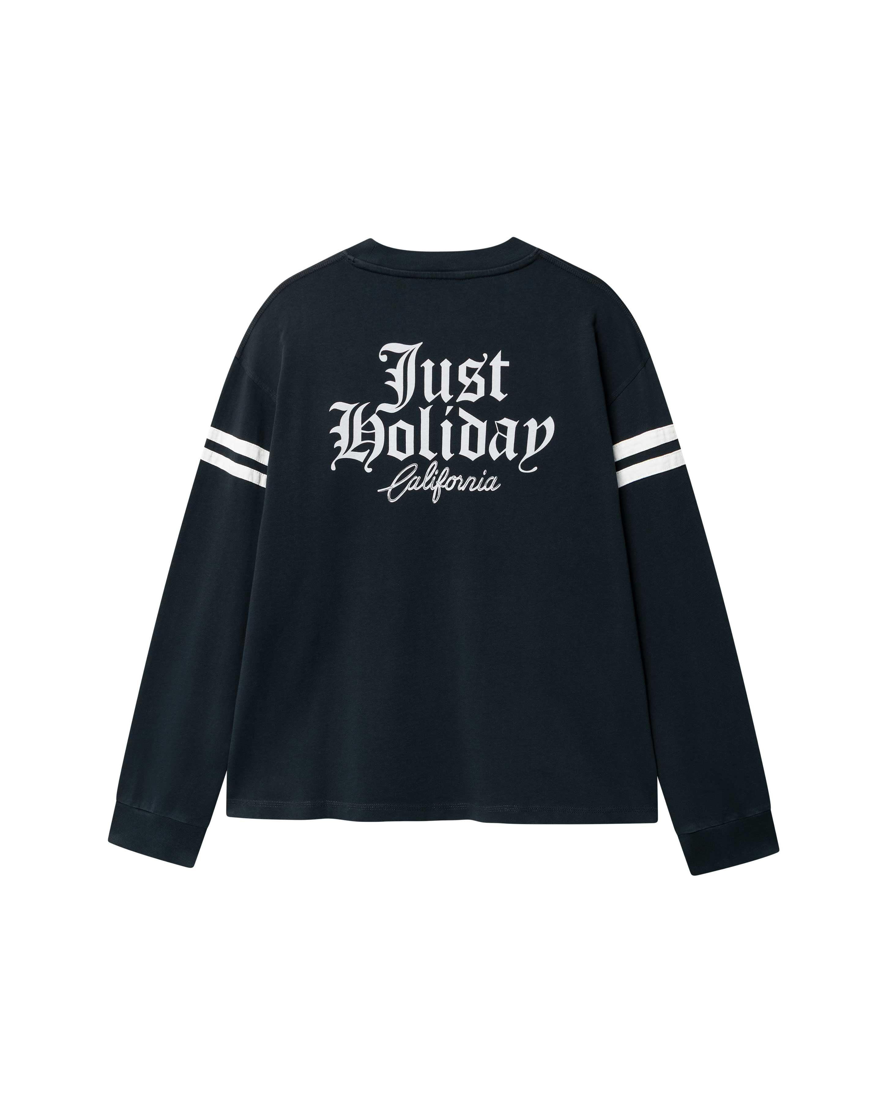 Black longsleeve T-shirt with white "JUST HOLIDAY" print on back and white stripes on sleeves