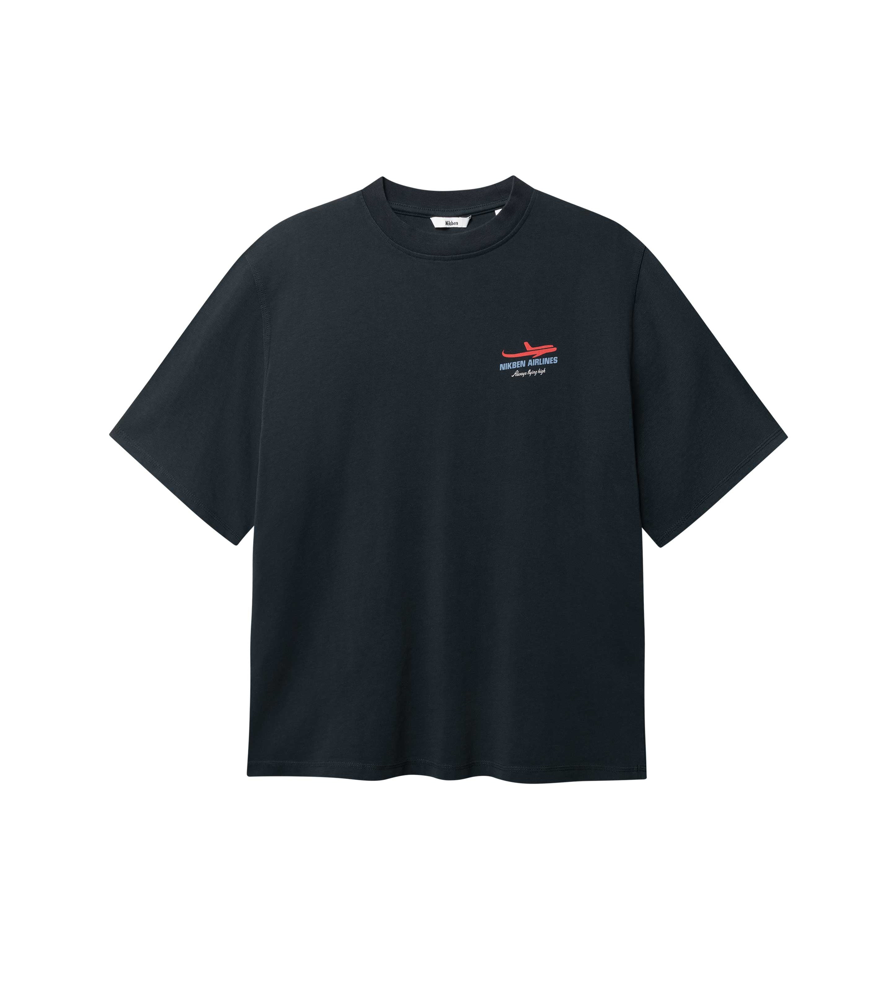 Black T-shirt with blue Nikben Airlines logo and red airplane print on the chest