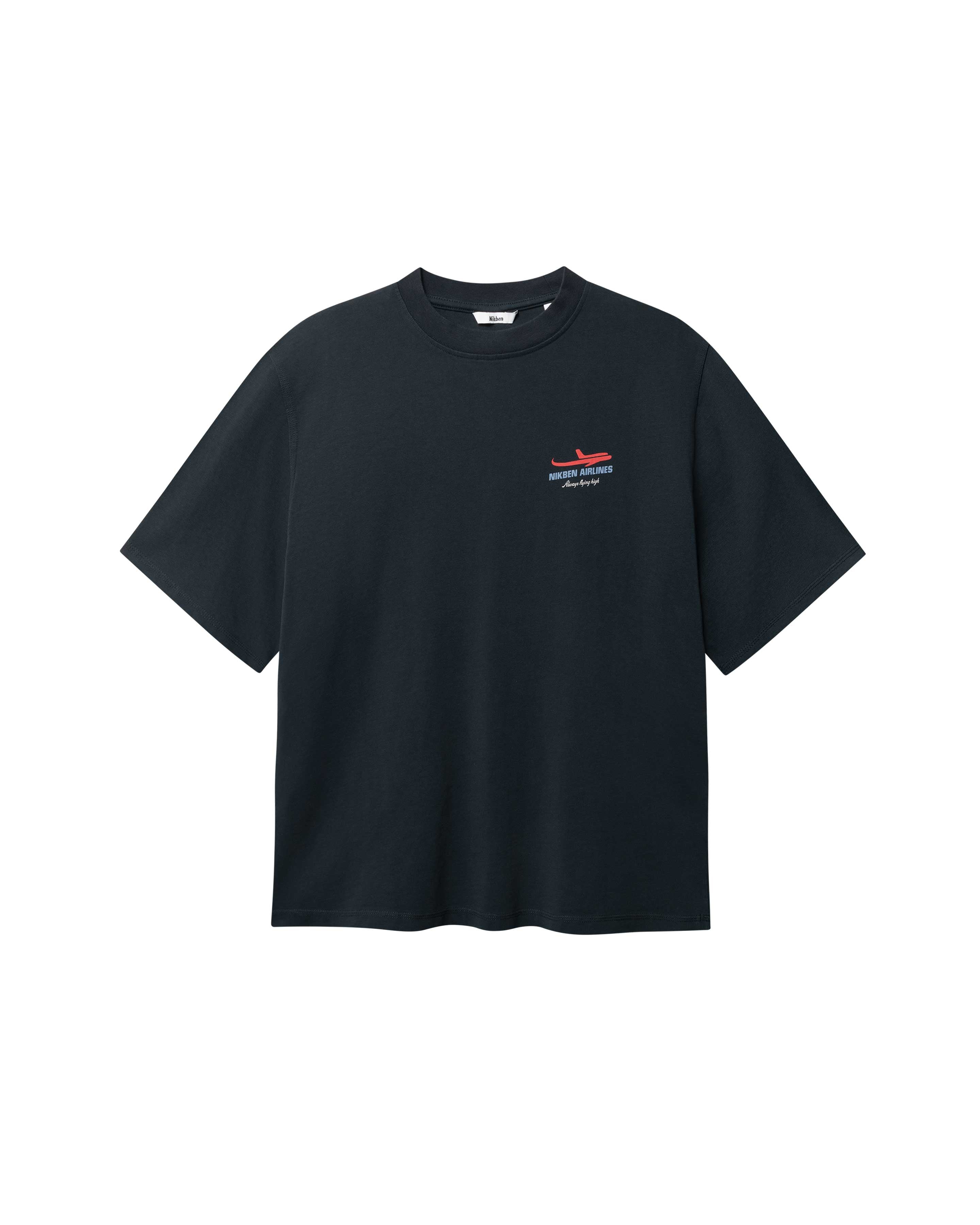 Black T-shirt with blue Nikben Airlines logo and red airplane print on the chest