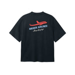 Back of black T-shirt with blue Nikben Airlines logo and red airplane print 
