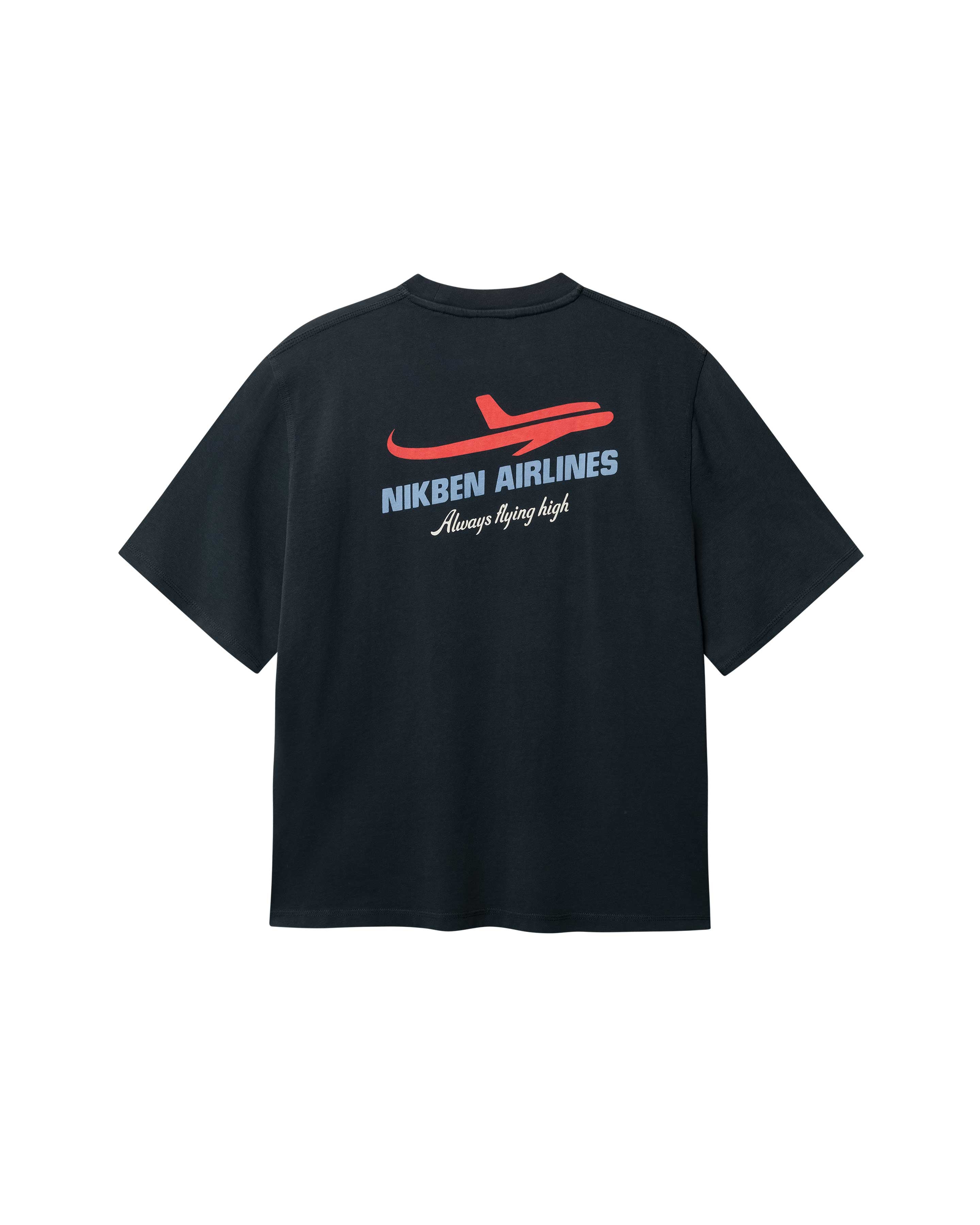 Back of black T-shirt with blue Nikben Airlines logo and red airplane print 