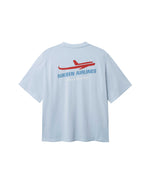 Back of light blue T-shirt with blue Nikben Airlines logo and red airplane print 