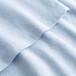 Closeup view of arm stitchings on light blue T-shirt