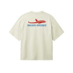 Back of light grey T-shirt with blue Nikben Airlines logo and red airplane print 