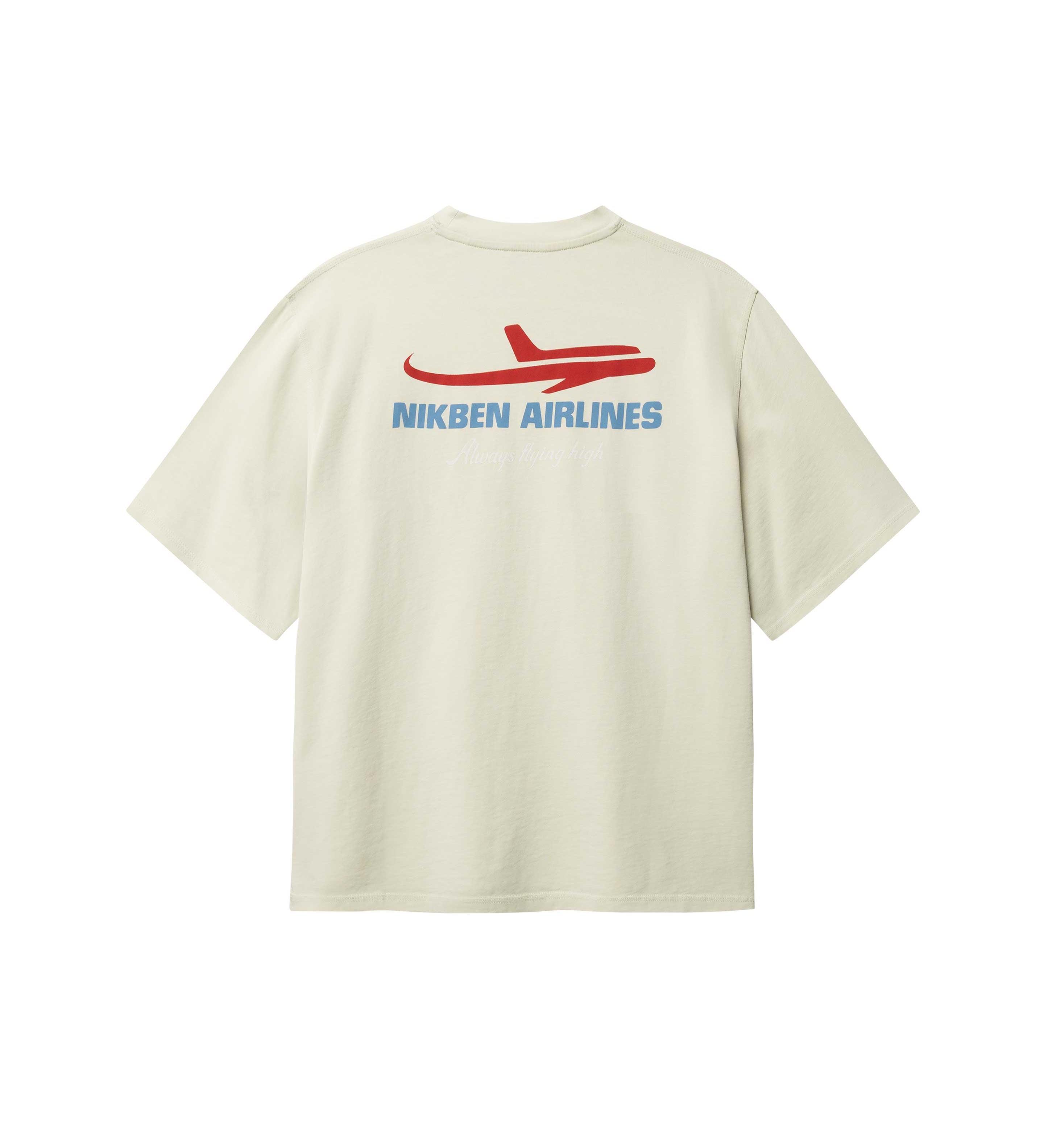 Back of light grey T-shirt with blue Nikben Airlines logo and red airplane print 