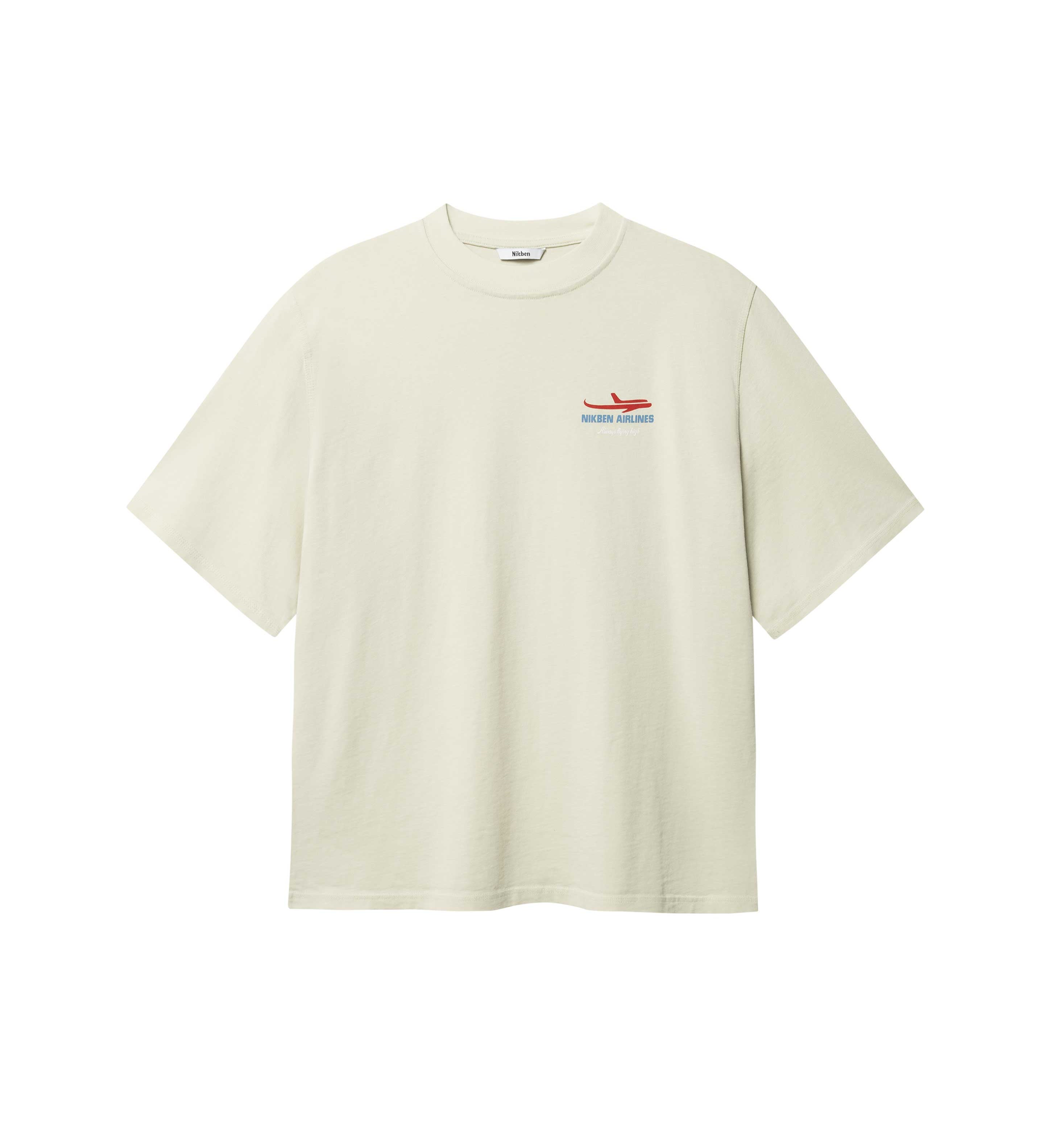 Light grey T-shirt with blue Nikben Airlines logo and red airplane print on the chest