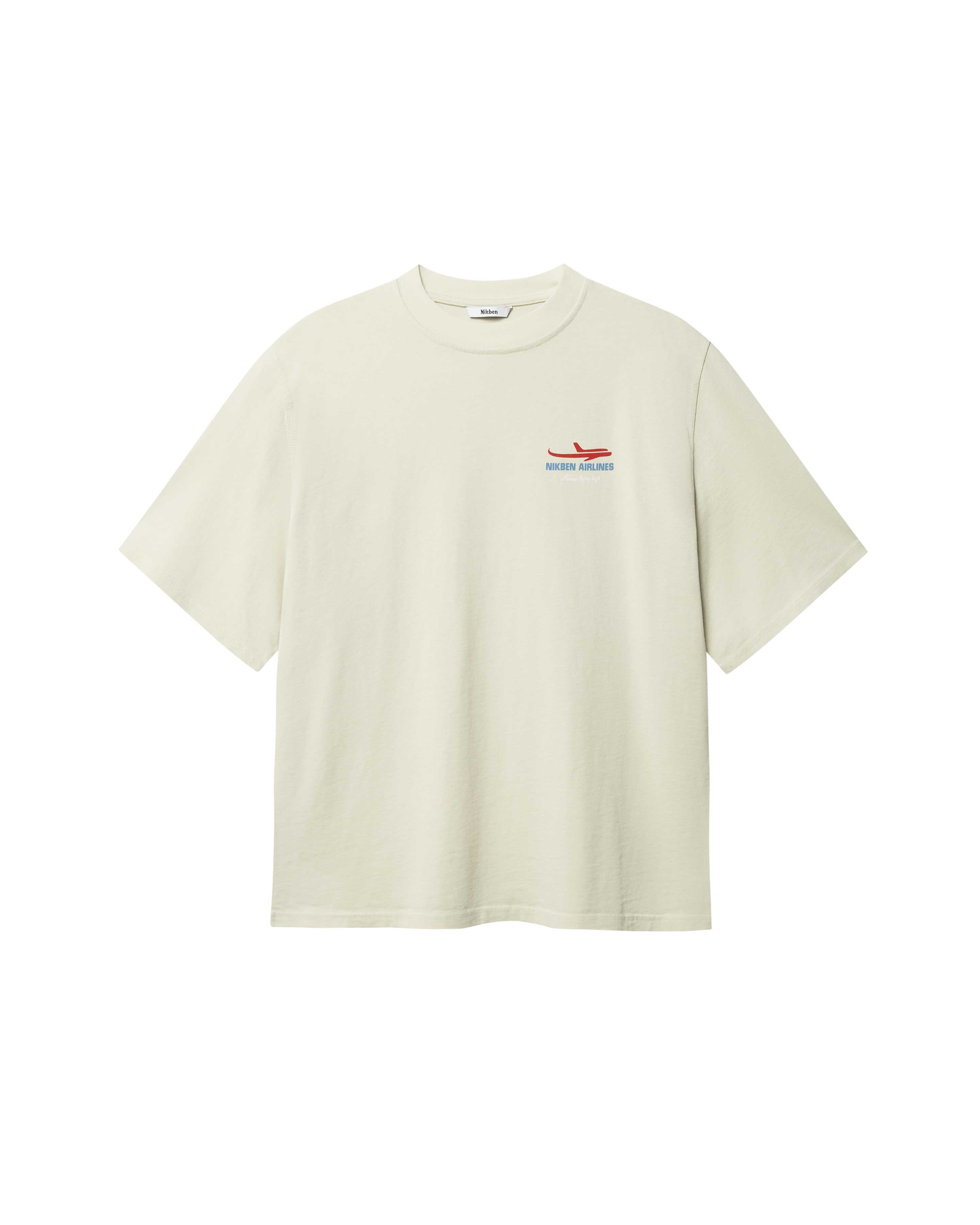 Light grey T-shirt with blue Nikben Airlines logo and red airplane print on the chest