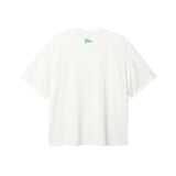 Back of white T-shirt with green flag print on the neck