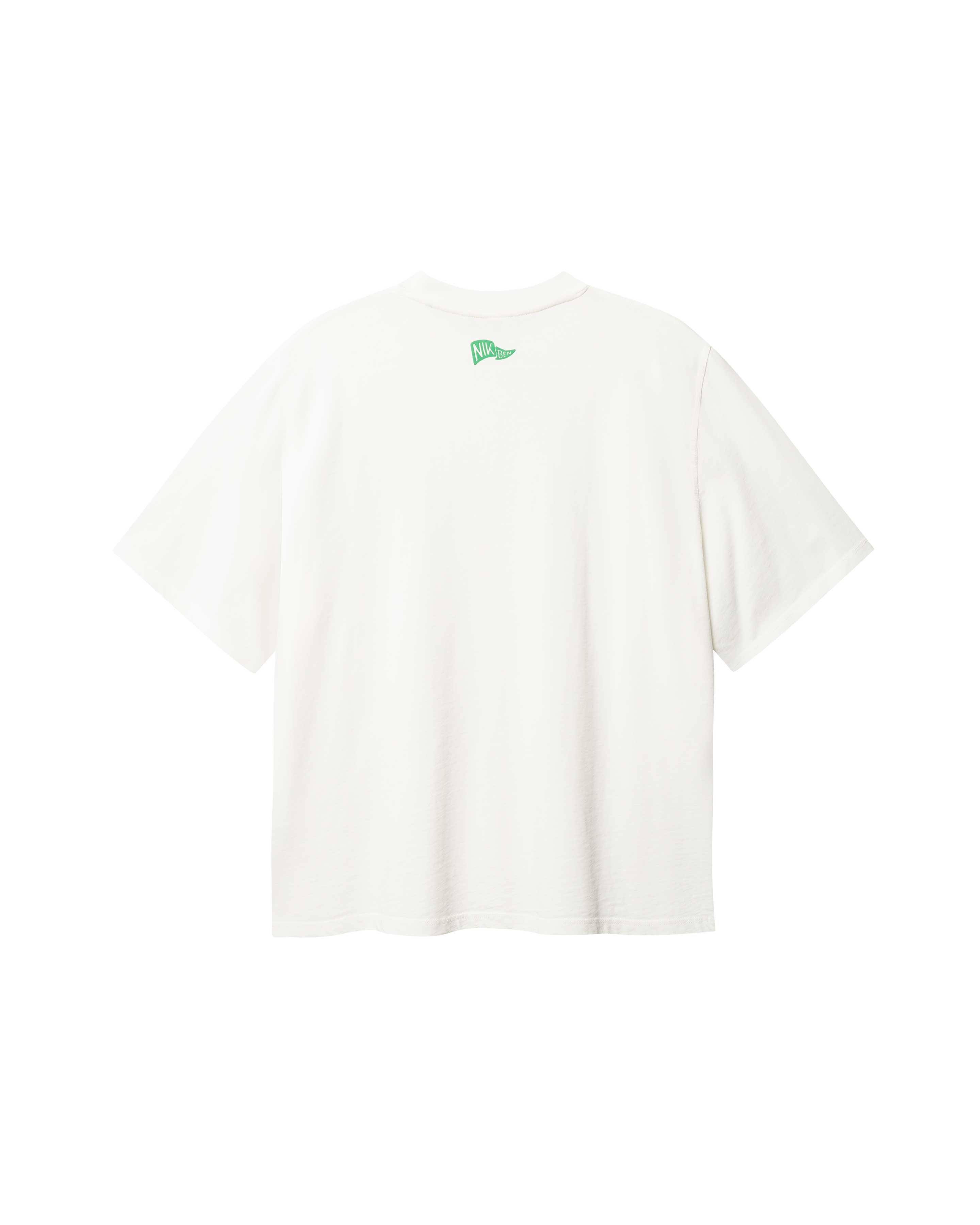 Back of white T-shirt with green flag print on the neck