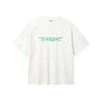 White T-shirt with green "TOURIST" print on the middle chest