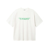 White T-shirt with green "TOURIST" print on the middle chest