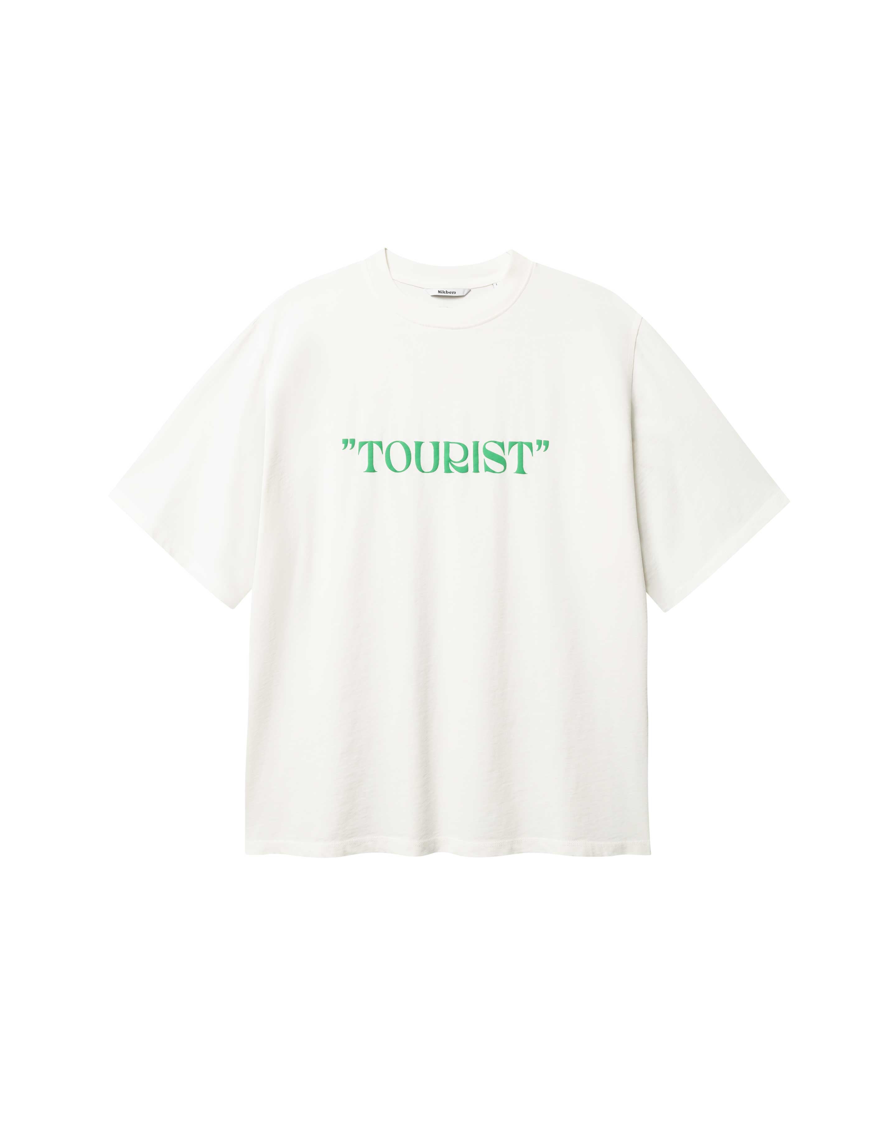 White T-shirt with green "TOURIST" print on the middle chest