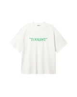 White T-shirt with green "TOURIST" print on the middle chest