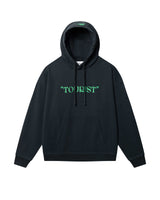 Black hoodie with green "TOURIST" print on the middle chest