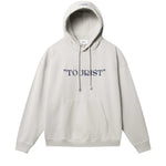 Gray hoodie with blue "TOURIST" print on the middle chest