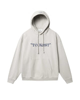 Gray hoodie with blue "TOURIST" print on the middle chest