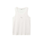 White ribbed tank top with black NB initials on chest