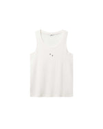 White ribbed tank top with black NB initials on chest
