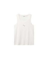White ribbed tank top with black NB initials on chest
