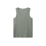 Green ribbed tank top with white NB initials on chest