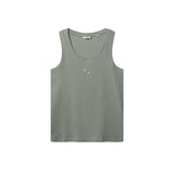 Green ribbed tank top with white NB initials on chest