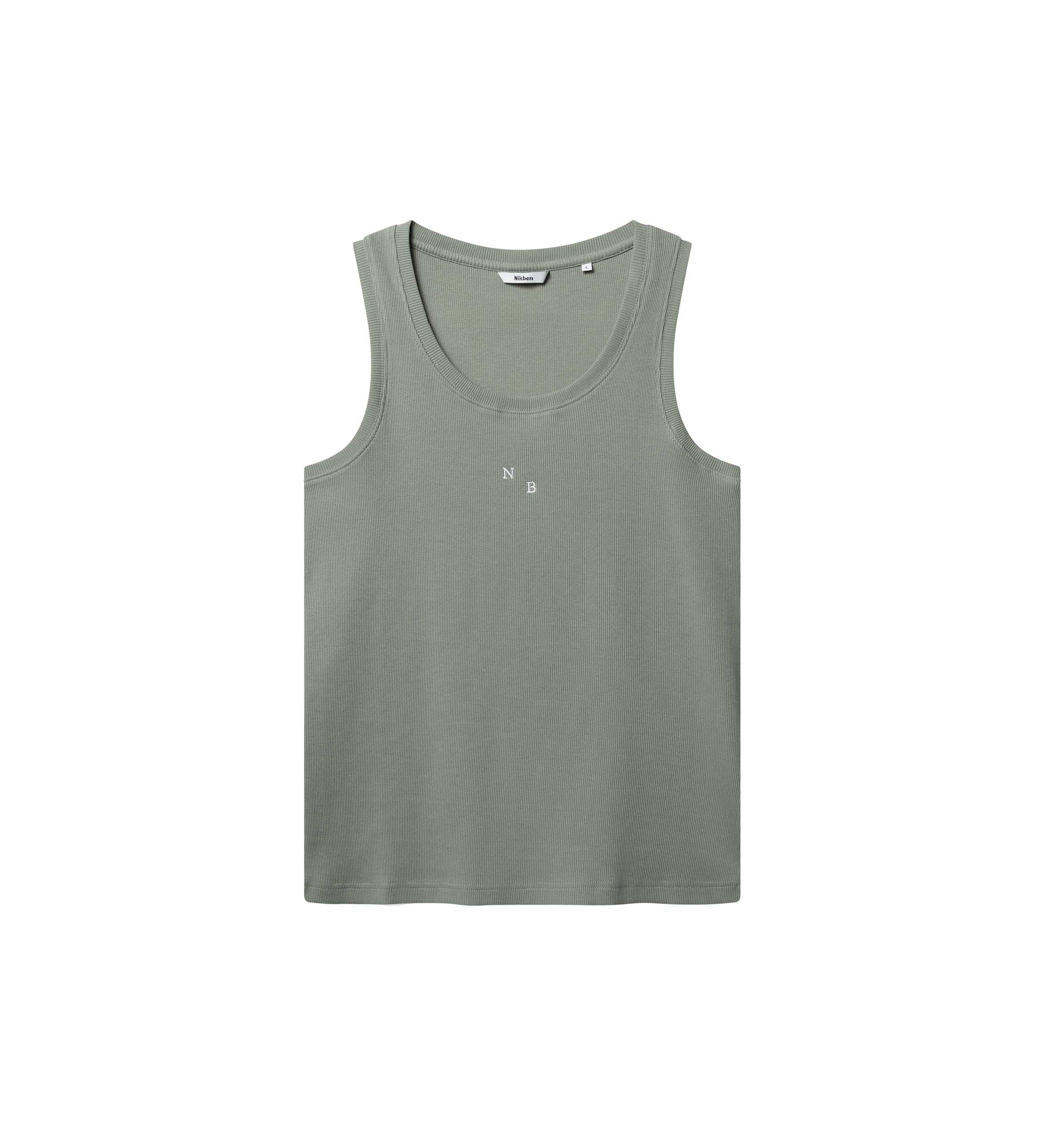 Green ribbed tank top with white NB initials on chest