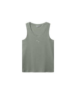 Green ribbed tank top with white NB initials on chest