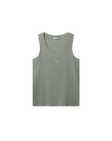 Green ribbed tank top with white NB initials on chest