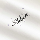 Closeup view of black Nikben logo on white T-shirt