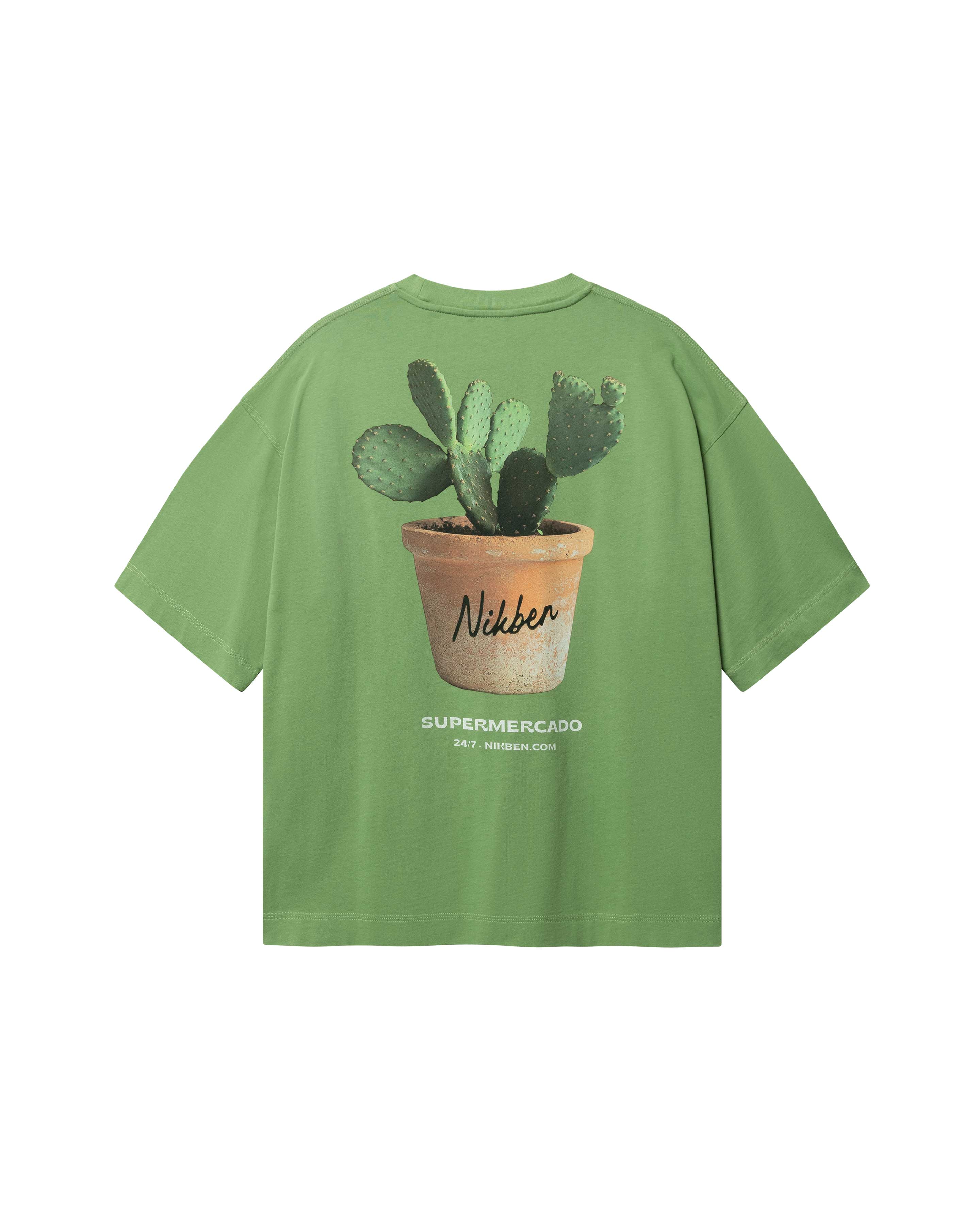 Green T-shirt with realistic cactus print on the back
